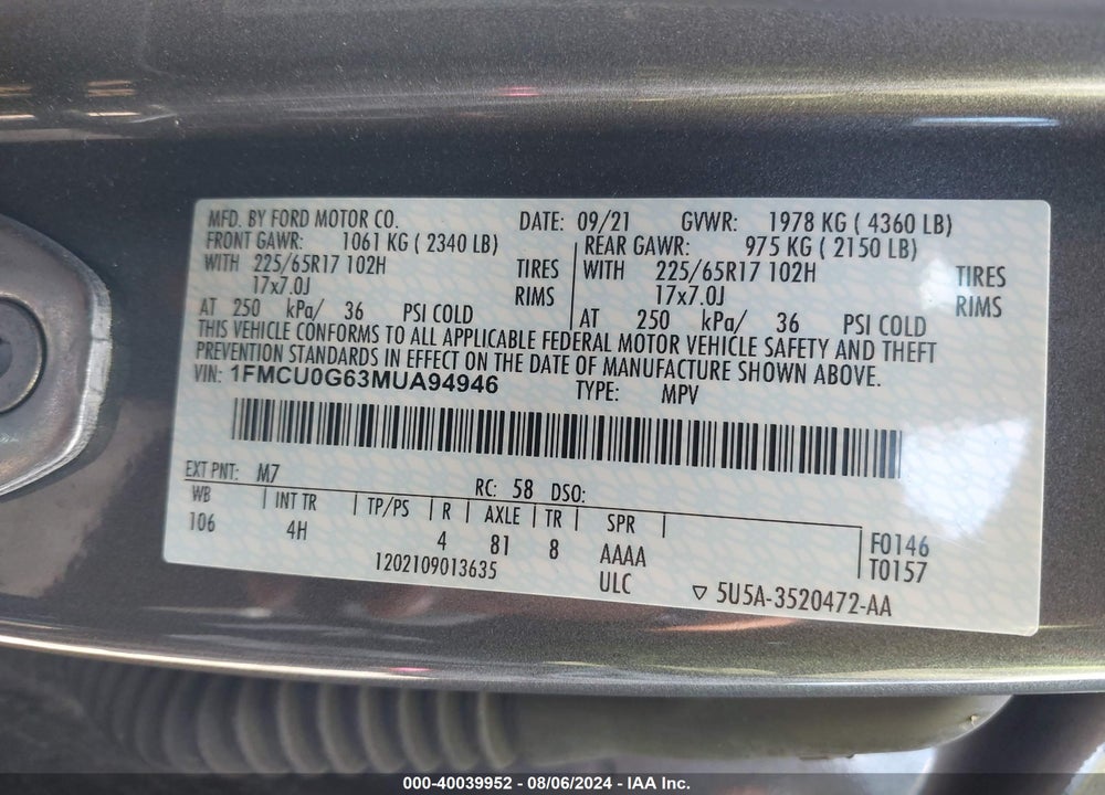 2021 FORD ESCAPE SE VIN: 1FMCU0G63MUA94946
