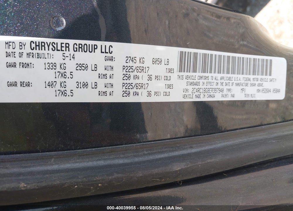 2014 CHRYSLER TOWN & COUNTRY TOURING VIN: 2C4RC1BG8ER397940