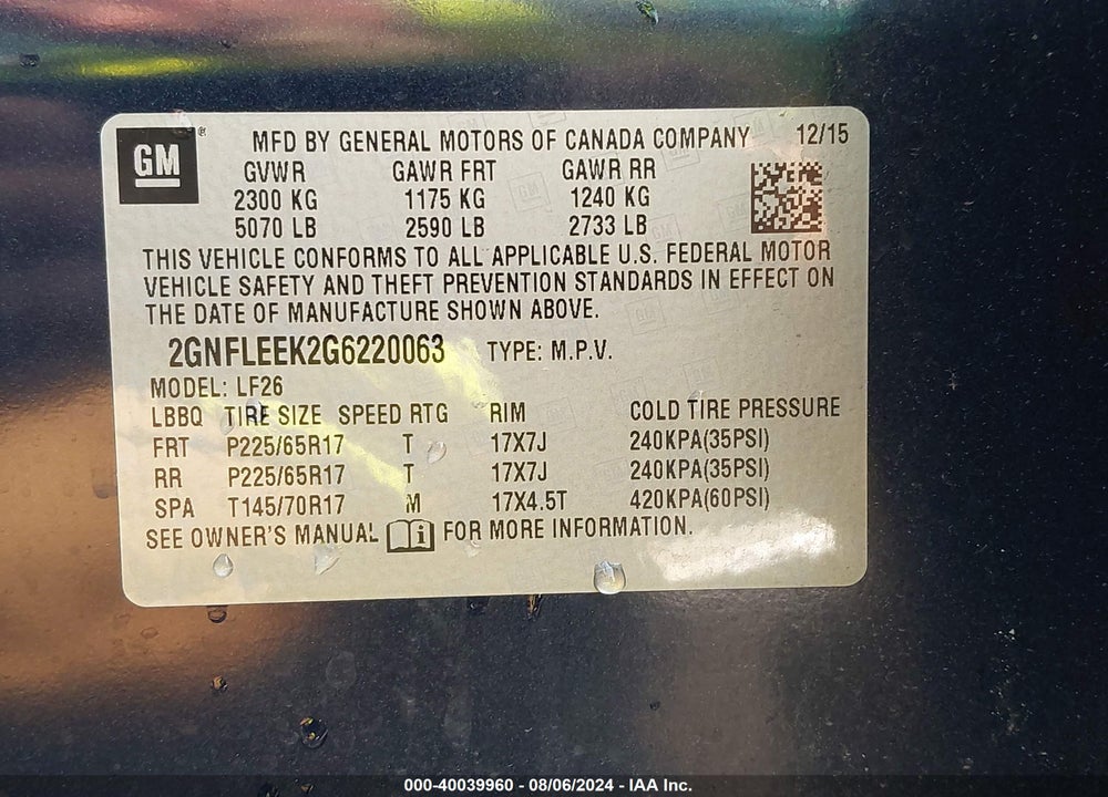 2016 CHEVROLET EQUINOX LS VIN: 2GNFLEEK2G6220063