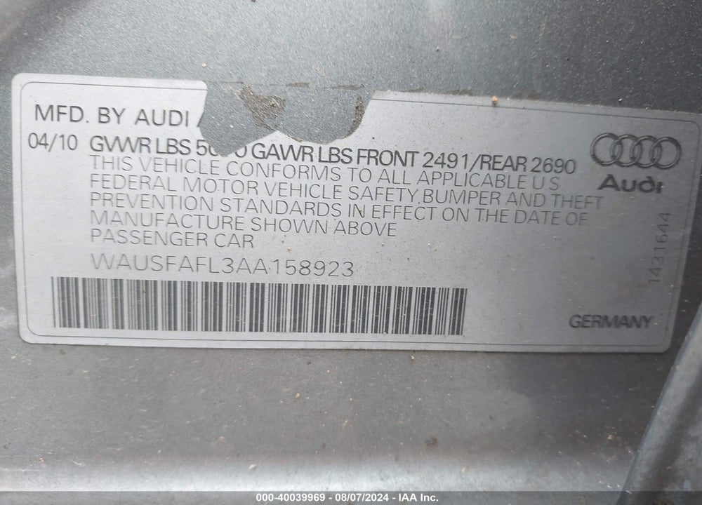 2010 AUDI A4 2.0T PREMIUM VIN: WAUSFAFL3AA158923
