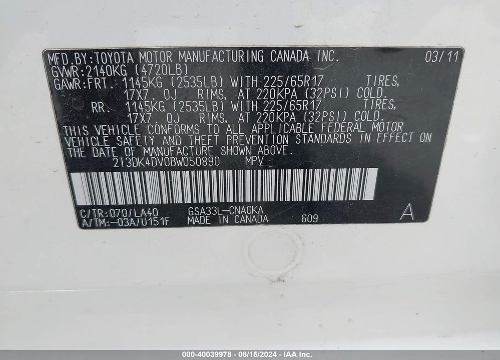 2011 TOYOTA RAV4 LIMITED V6 VIN: 2T3DK4DV0BW050890