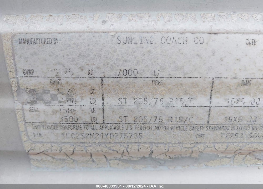 2000 SUNLINE OTHER VIN: 1LC2S2M21YD275735