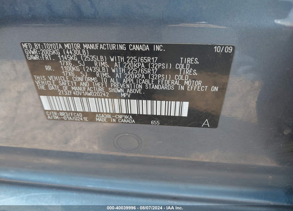 2010 TOYOTA RAV4 VIN: 2T3ZF4DV1AW020242