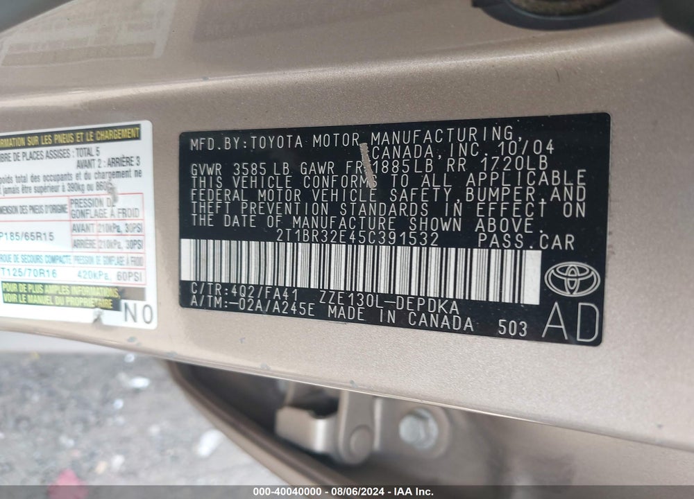 2005 TOYOTA COROLLA CE VIN: 2T1BR32E45C391532
