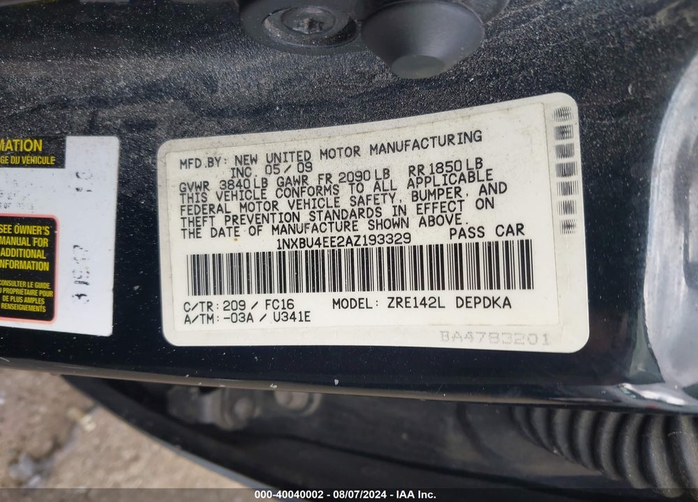 2010 TOYOTA COROLLA LE VIN: 1NXBU4EE2AZ193329