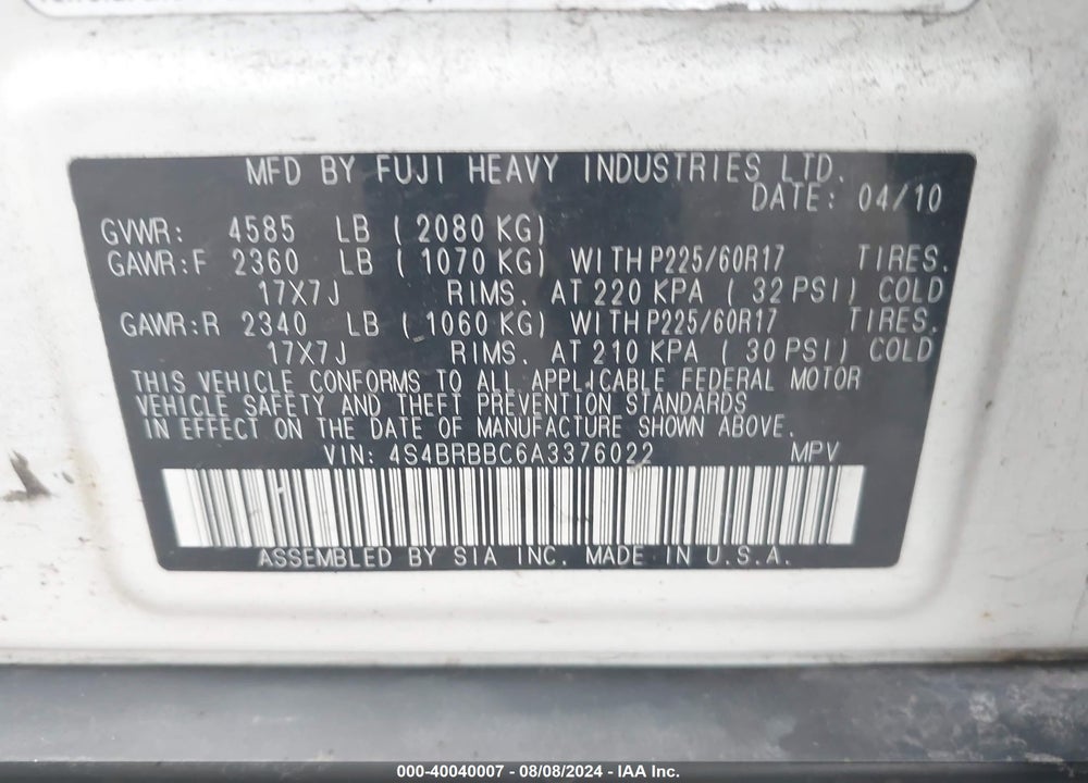 2010 SUBARU OUTBACK 2.5I PREMIUM VIN: 4S4BRBBC6A3376022