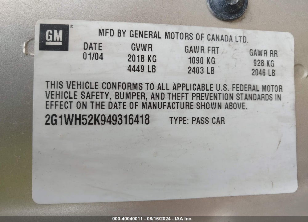 2004 CHEVROLET IMPALA LS VIN: 2G1WH52K949316418