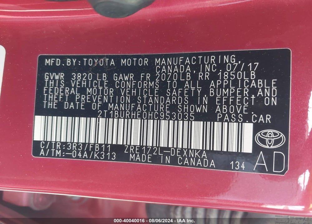 2017 TOYOTA COROLLA LE VIN: 2T1BURHE0HC953035