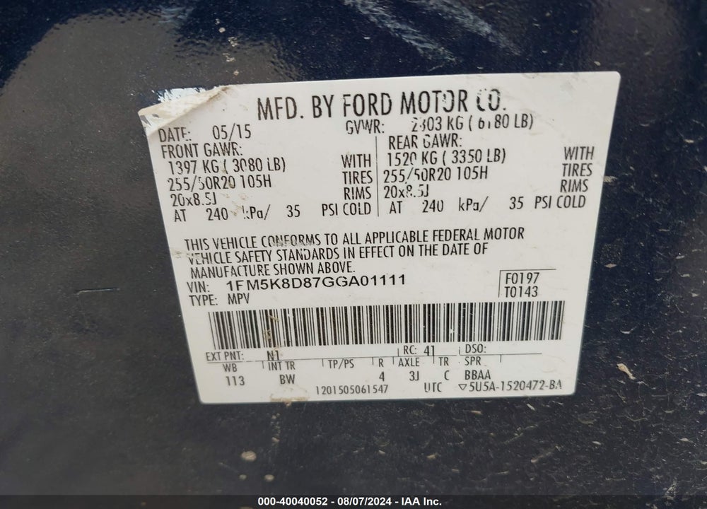2016 FORD EXPLORER XLT VIN: 1FM5K8D87GGA01111