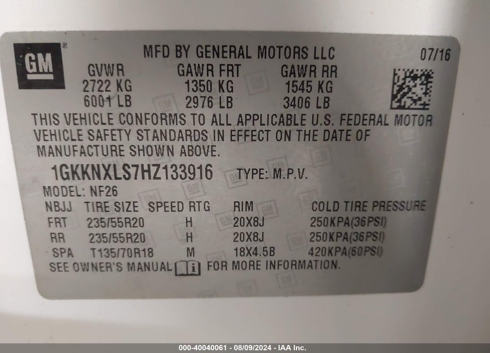 2017 GMC ACADIA DENALI VIN: 1GKKNXLS7HZ133916