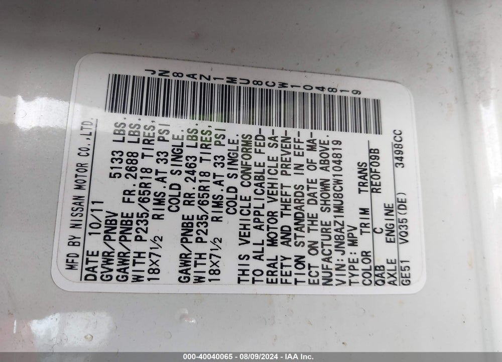 2012 NISSAN MURANO SL VIN: JN8AZ1MU8CW104819