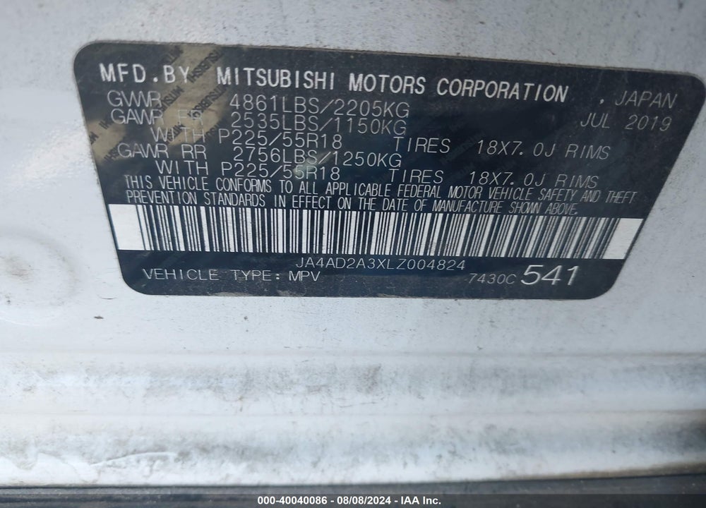 2020 MITSUBISHI OUTLANDER ES 2.4 VIN: JA4AD2A3XLZ004824
