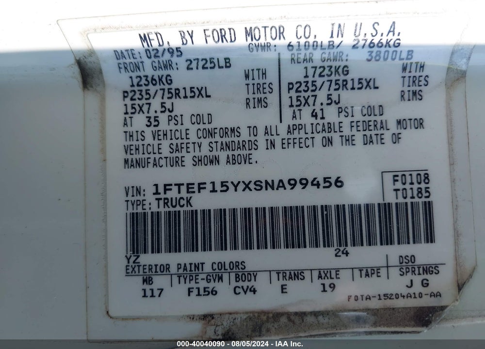 1995 FORD F150 VIN: 1FTEF15YXSNA99456