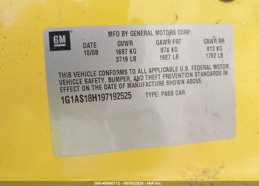2009 CHEVROLET COBALT LS VIN: 1G1AS18H197192525