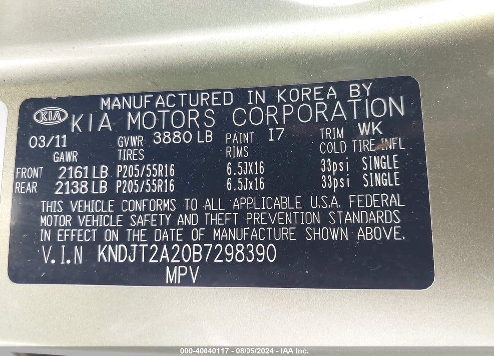 2011 KIA SOUL VIN: KNDJT2A20B7298390