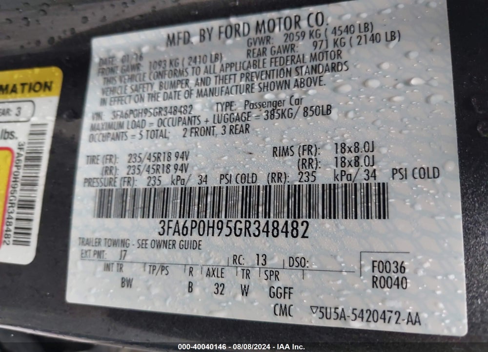 2016 FORD FUSION SE VIN: 3FA6P0H95GR348482