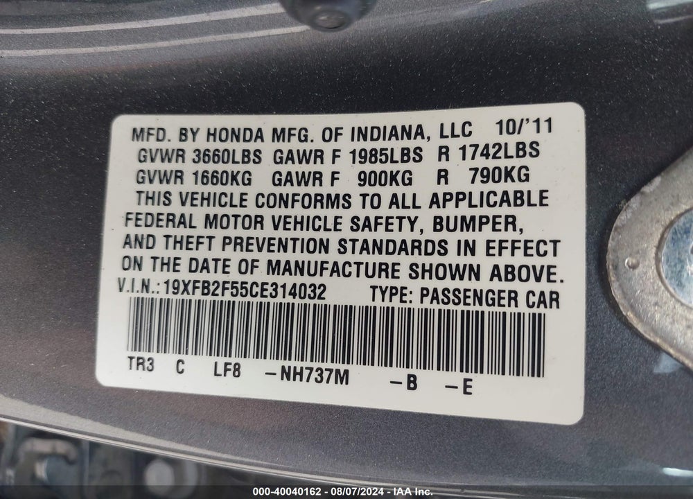 2012 HONDA CIVIC VIN: 19XFB2F55CE314032