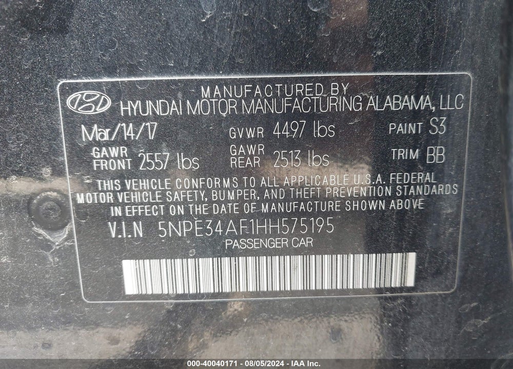 2017 HYUNDAI SONATA SPORT VIN: 5NPE34AF1HH575195