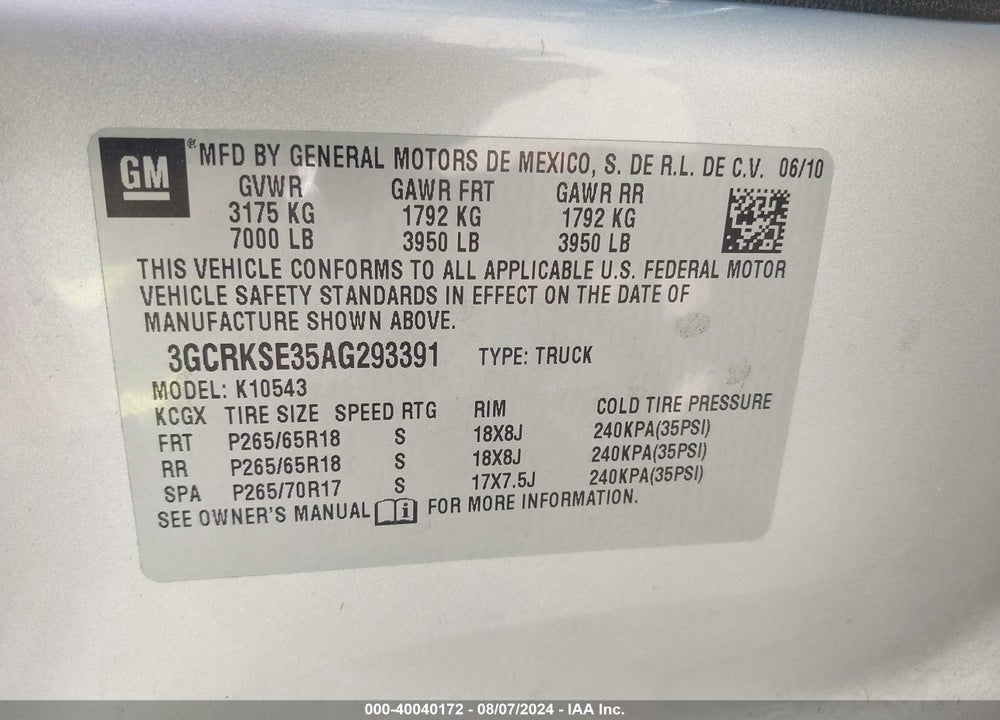 2010 CHEVROLET SILVERADO 1500 LT VIN: 3GCRKSE35AG293391