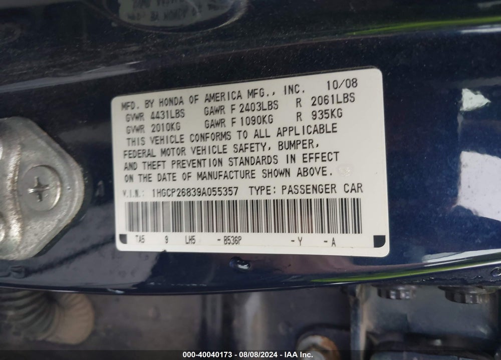 2009 HONDA ACCORD 2.4 EX-L VIN: 1HGCP26839A055357