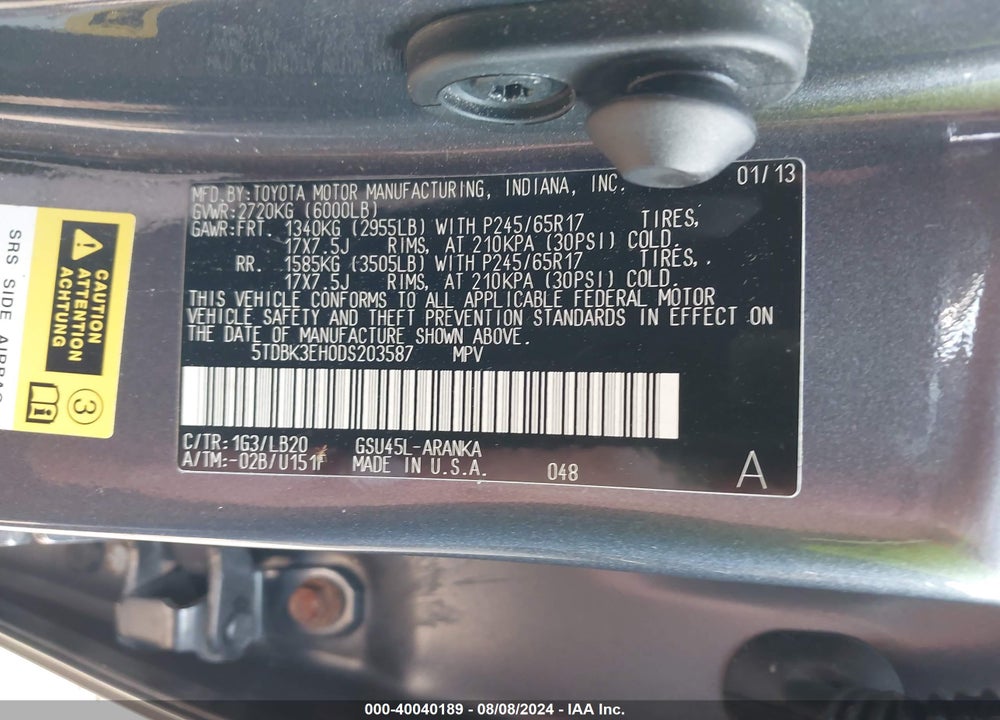 2013 TOYOTA HIGHLANDER SE V6 VIN: 5TDBK3EH0DS203587