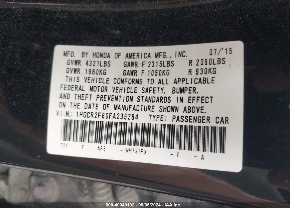 2015 HONDA ACCORD EX-L VIN: 1HGCR2F80FA235384