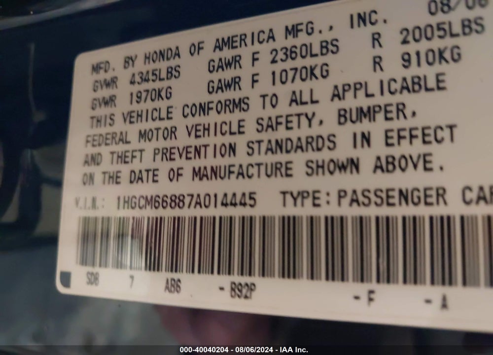 2007 HONDA ACCORD 3.0 EX VIN: 1HGCM66887A014445