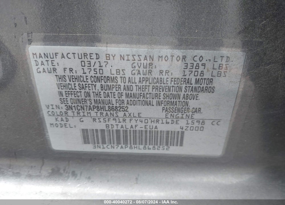 2017 NISSAN VERSA 1.6 S+ VIN: 3N1CN7AP8HL868252