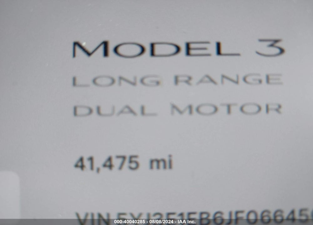 2018 TESLA MODEL 3 LONG RANGE/PERFORMANCE VIN: 5YJ3E1EB6JF066456