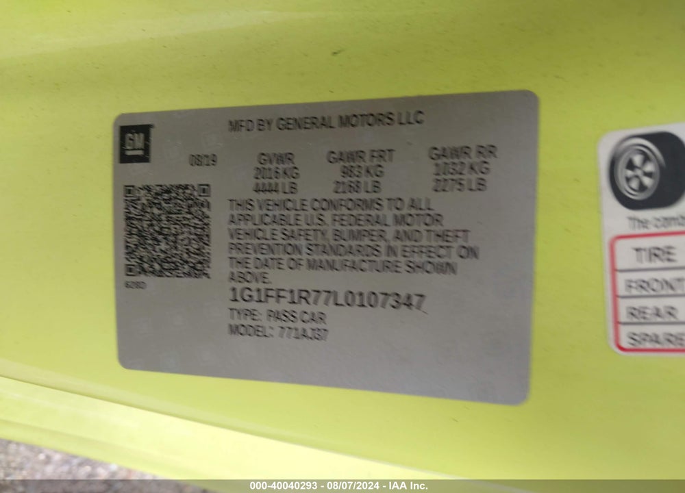 2020 CHEVROLET CAMARO RWD LT1 VIN: 1G1FF1R77L0107347