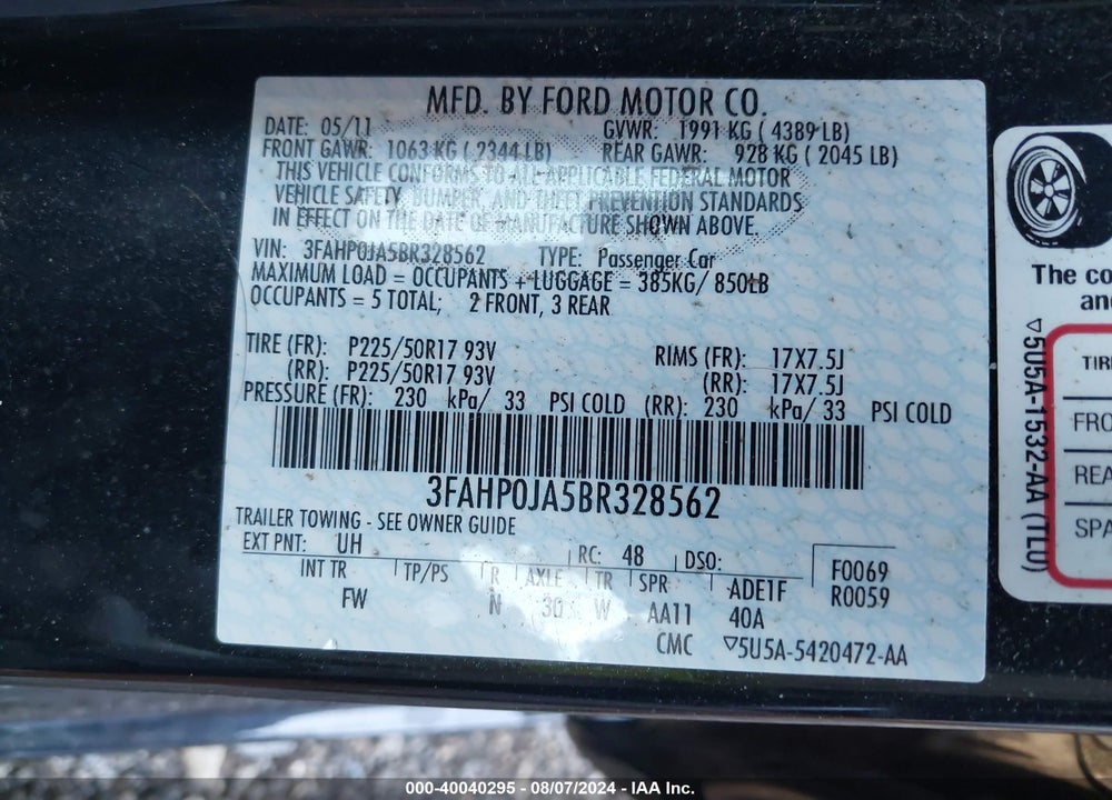 2011 FORD FUSION SEL VIN: 3FAHP0JA5BR328562