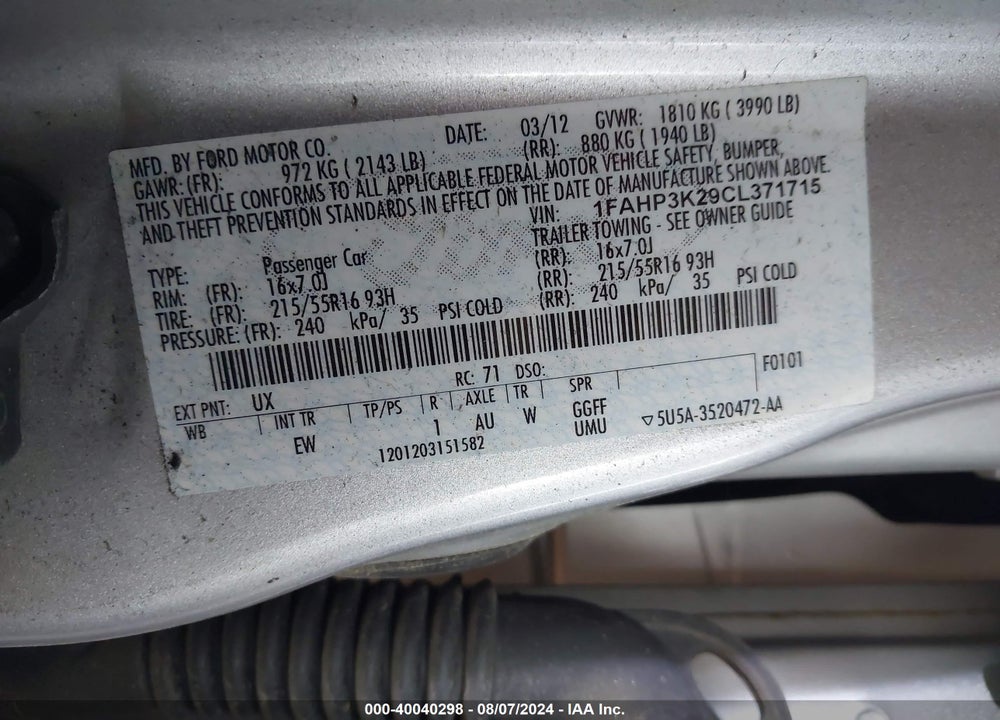 2012 FORD FOCUS SE VIN: 1FAHP3K29CL371715