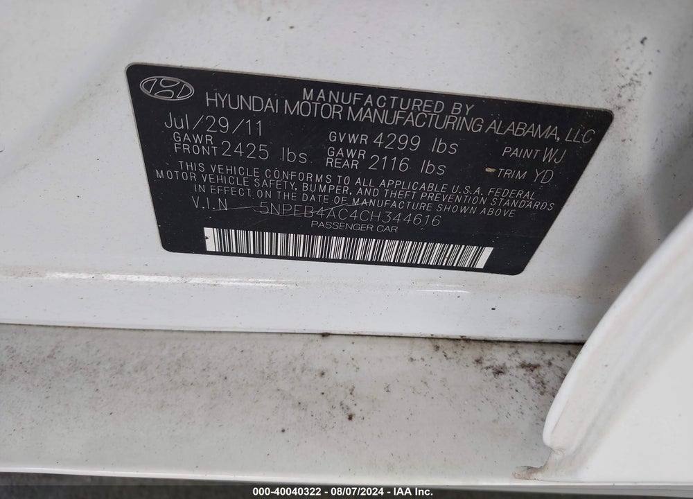 2012 HYUNDAI SONATA GLS VIN: 5NPEB4AC4CH344616