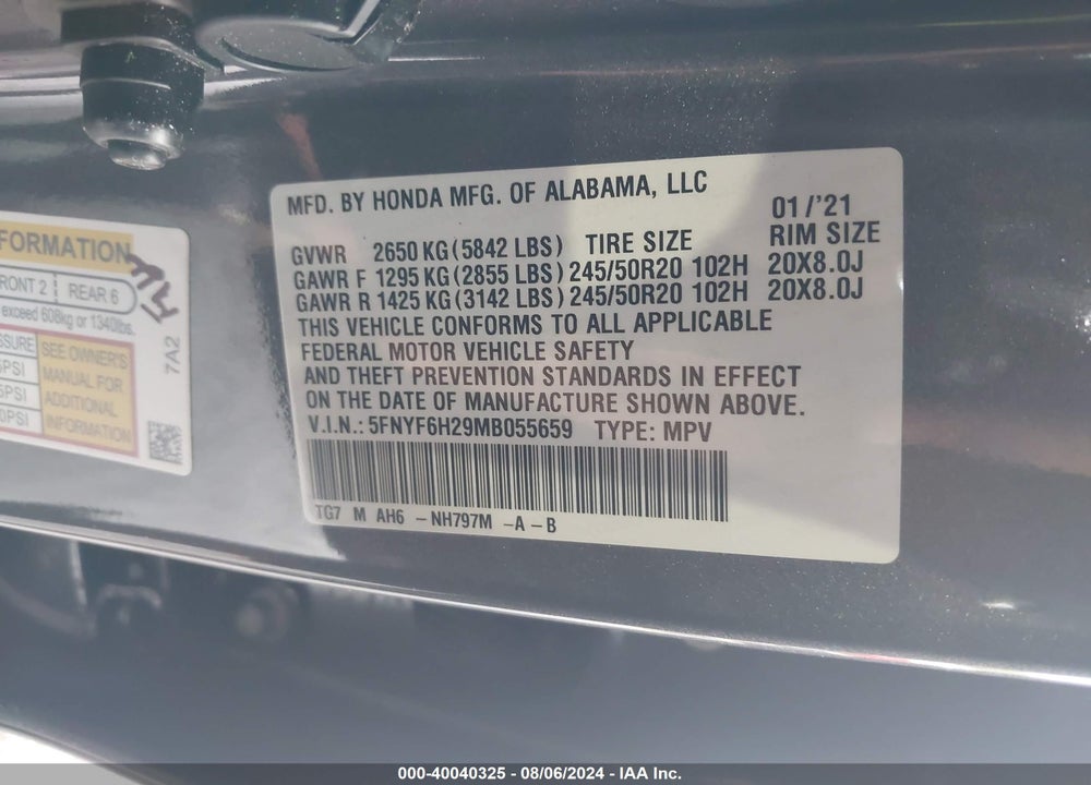 2021 HONDA PILOT VIN: 5FNYF6H29MB055659