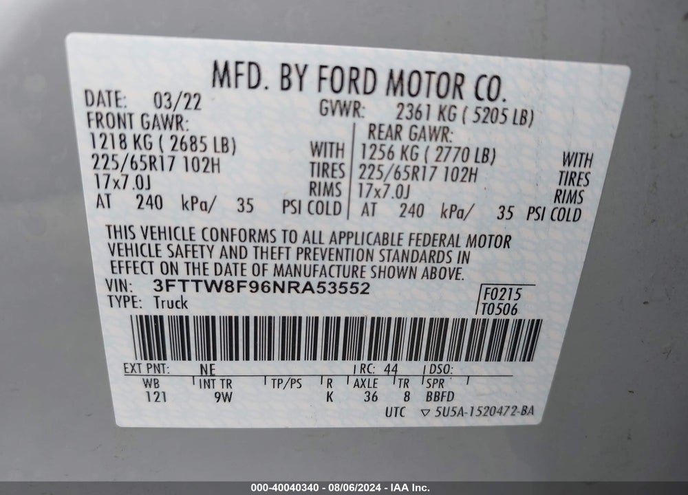 2022 FORD MAVERICK XL VIN: 3FTTW8F96NRA53552