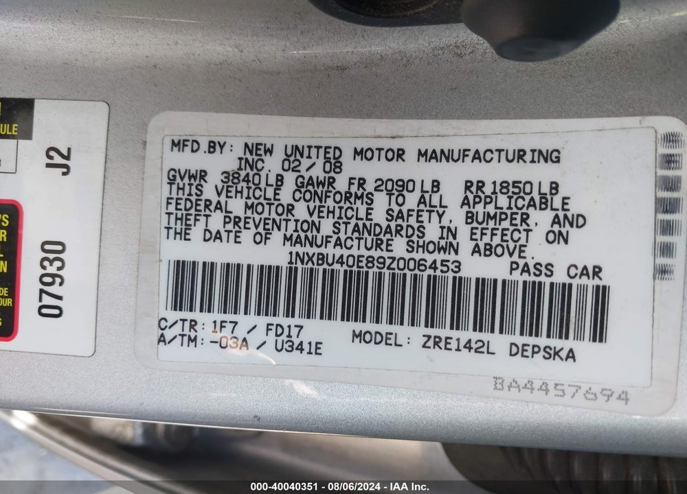 2009 TOYOTA COROLLA S VIN: 1NXBU40E89Z006453