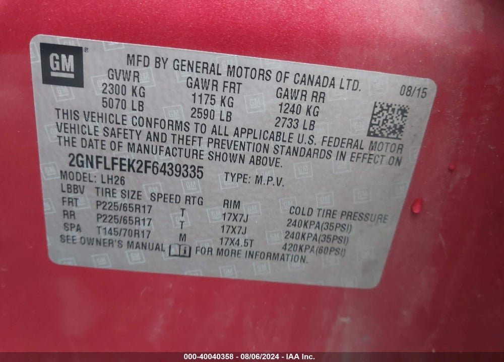 2015 CHEVROLET EQUINOX 1LT VIN: 2GNFLFEK2F6439335