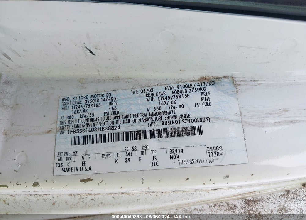 2003 FORD E-350 SUPER DUTY XL/XLT VIN: 1FBSS31L03HB38824