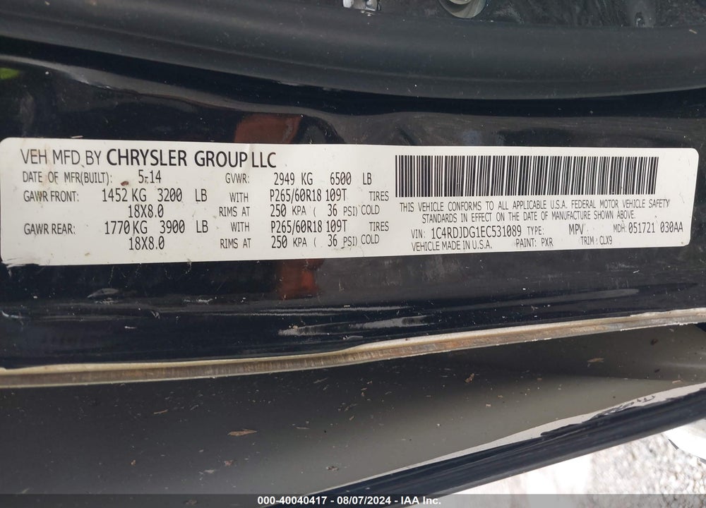 2014 DODGE DURANGO VIN: 1C4RDJDG1EC531089