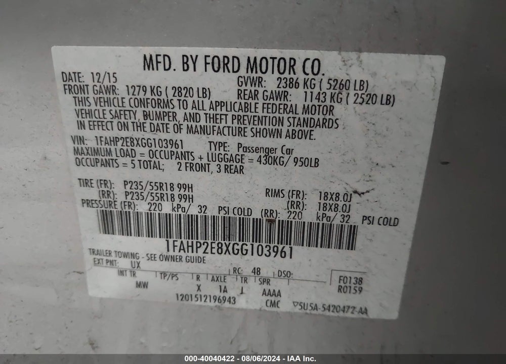 2016 FORD TAURUS SEL VIN: 1FAHP2E8XGG103961