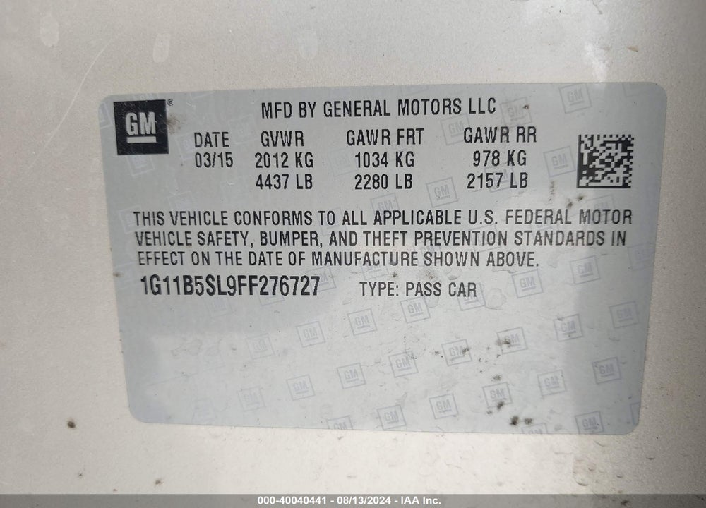 2015 CHEVROLET MALIBU LS VIN: 1G11B5SL9FF276727