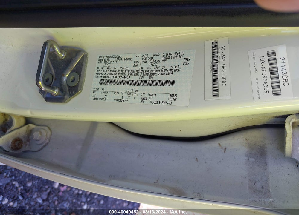 2015 FORD ESCAPE SE VIN: 1FMCU9GX0FUC44463