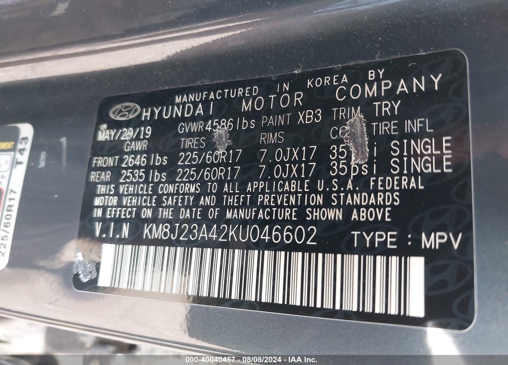 2019 HYUNDAI TUCSON SE VIN: KM8J23A42KU046602