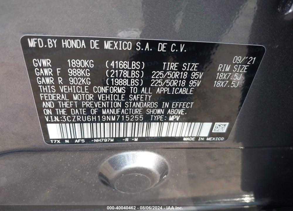 2022 HONDA HR-V AWD SPORT VIN: 3CZRU6H19NM715255