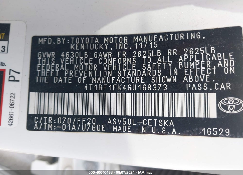 2016 TOYOTA CAMRY SE VIN: 4T1BF1FK4GU168373
