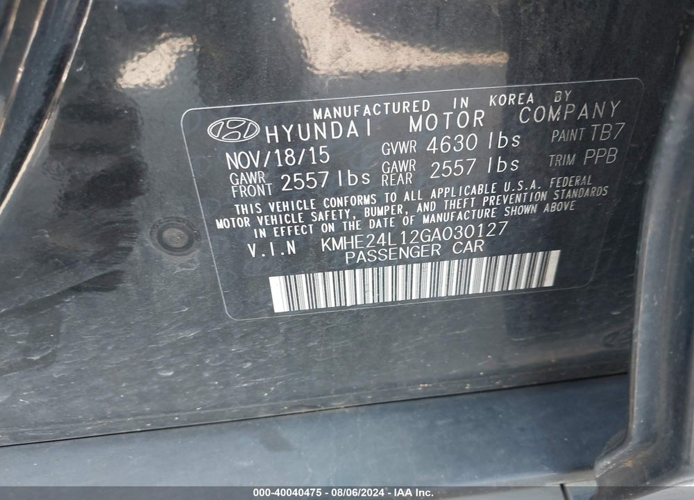 2016 HYUNDAI SONATA HYBRID SE VIN: KMHE24L12GA030127