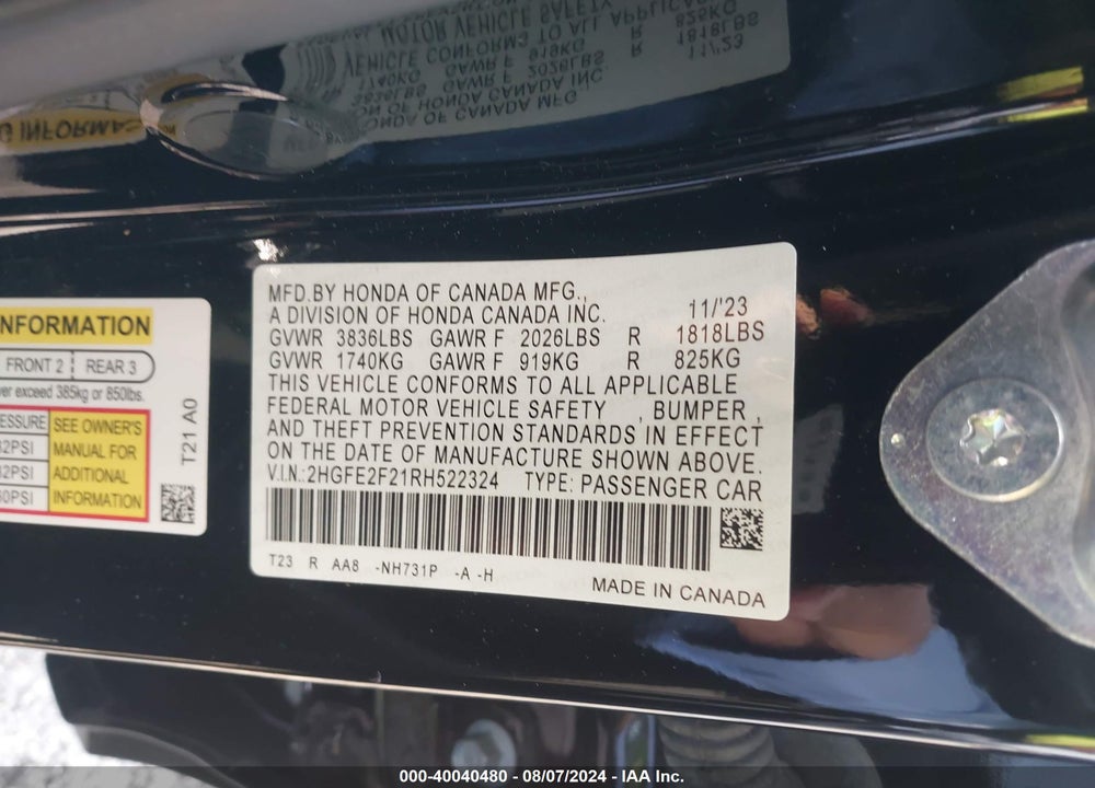 2024 HONDA CIVIC LX VIN: 2HGFE2F21RH522324