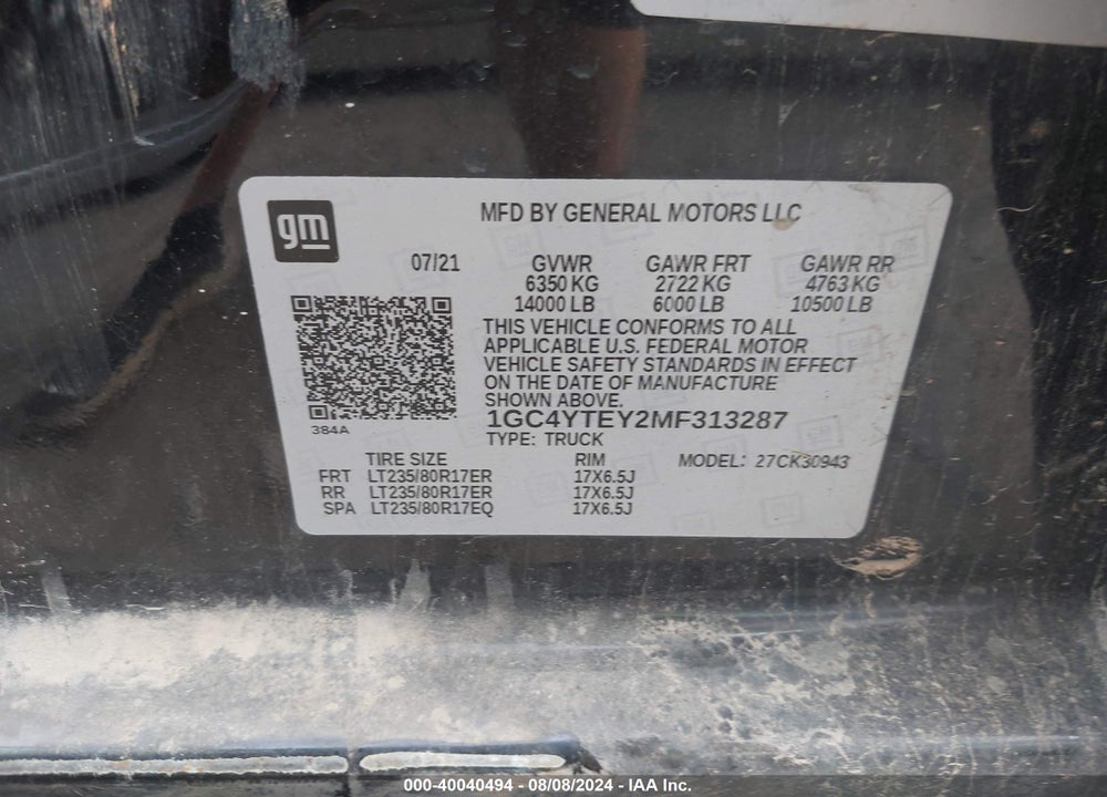 2021 CHEVROLET SILVERADO 3500HD 4WD  LONG BED LT VIN: 1GC4YTEY2MF313287