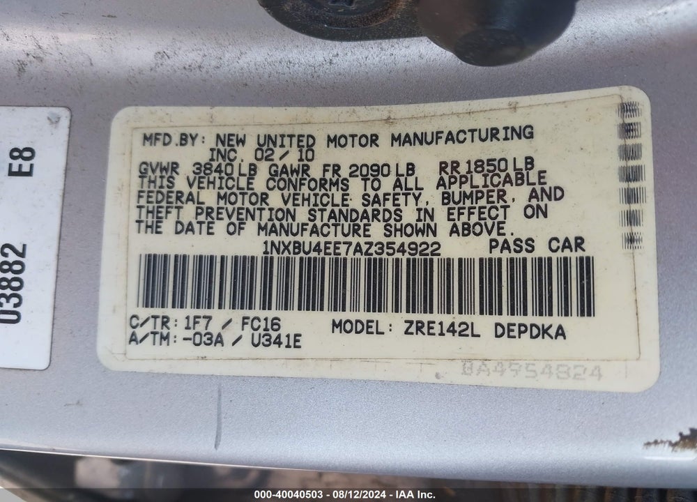 2010 TOYOTA COROLLA LE VIN: 1NXBU4EE7AZ354922