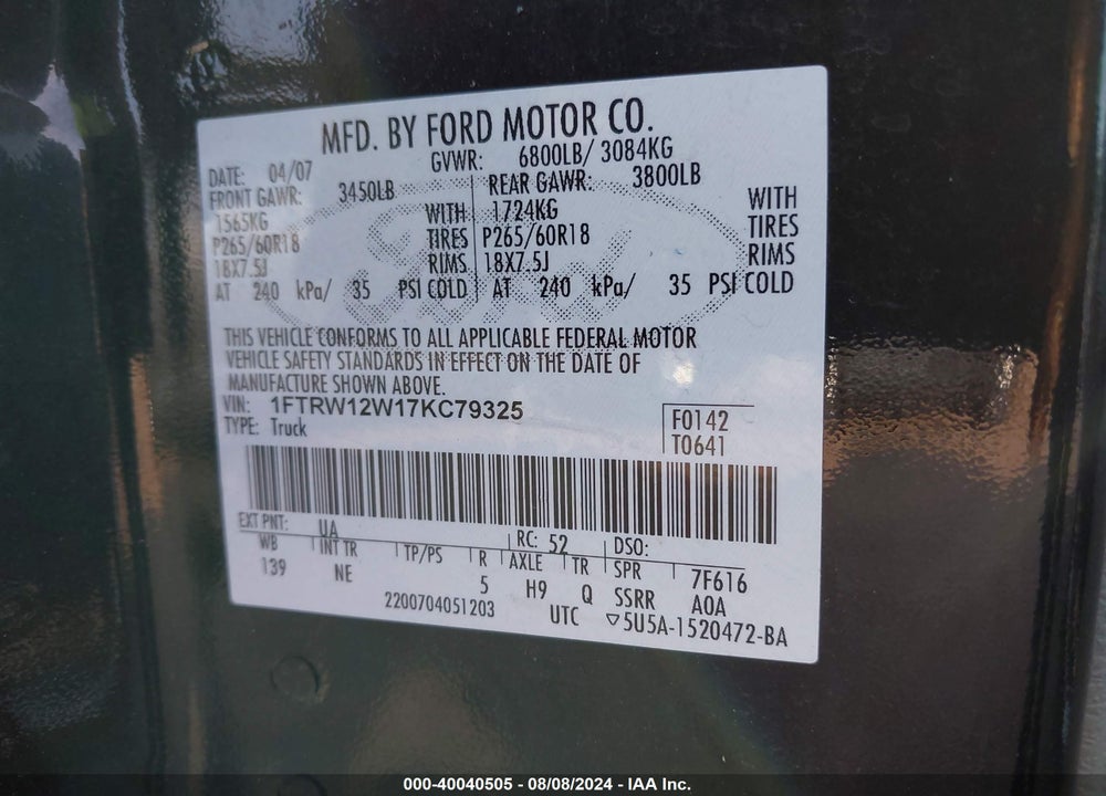 2007 FORD F-150 XLT VIN: 1FTRW12W17KC79325